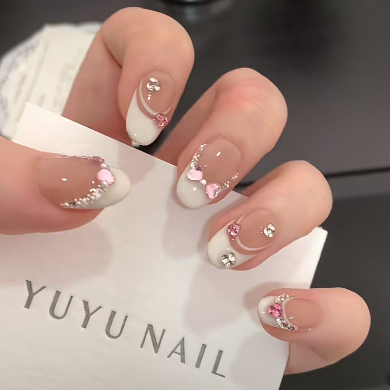 Nail Art Pink - 10 pçs branco francês rosa coração