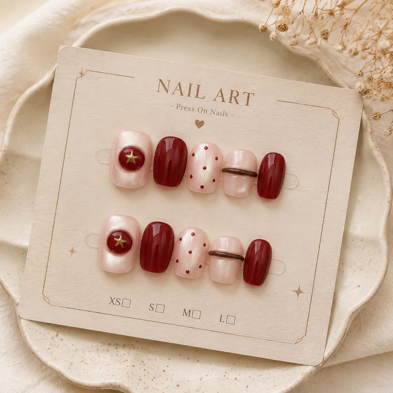 Nail Art Red Wine Cat Eye - 10 peças de Unhas Postiças Artesanais